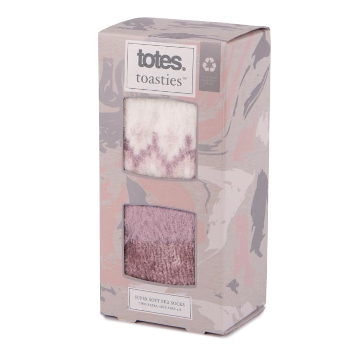 totes toasties® Ladies Fair Isle & Chenille Supersoft Bed Socks (Twin Pack) Fairisle / Dusky Pink Extra Image 1